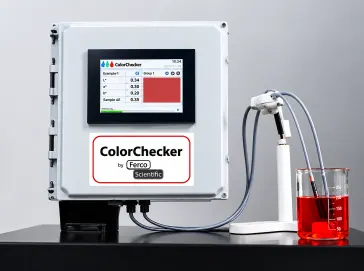 Ferco ColorChecker measuring a red dye bath sample in a beaker
