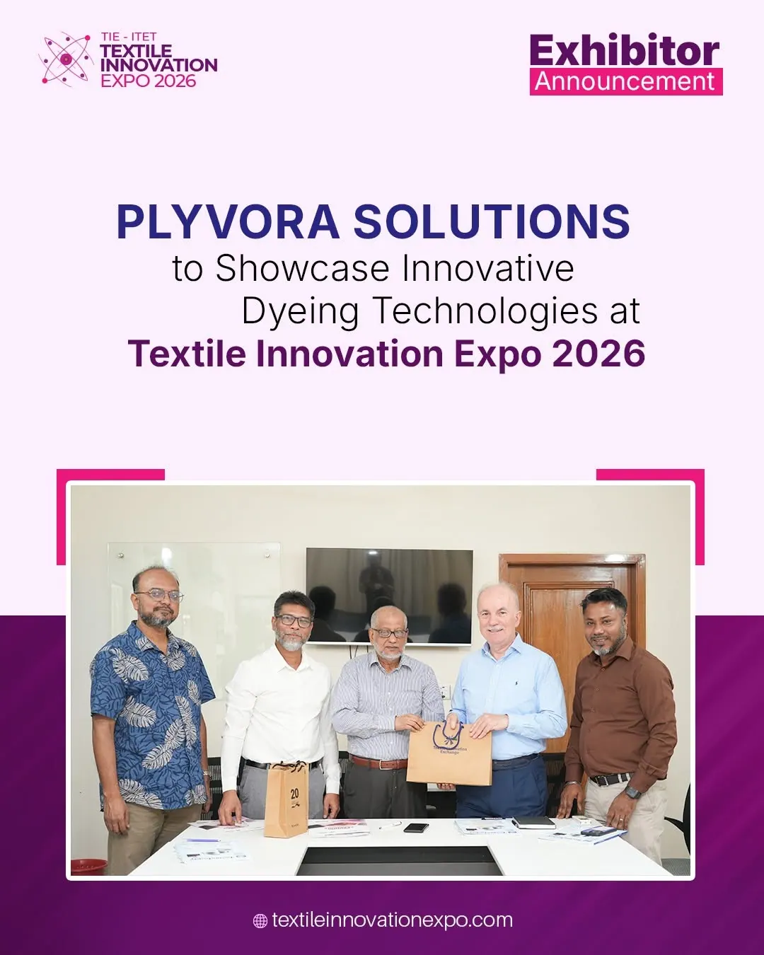 Exhibitor announcement: Plyvora Solutions to showcase innovative dyeing technologies at Textile Innovation Expo 2026, with a photo of the Plyvora team
