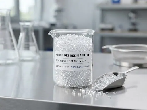Beaker of bottle-grade PET resin pellets with a sample scoop