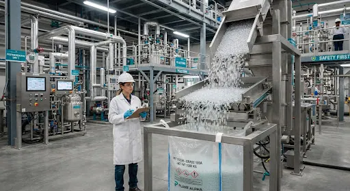 Technician checking PET pellets pouring into a bulk bag at a resin plant