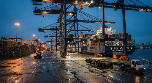 Container terminal with cranes at dusk