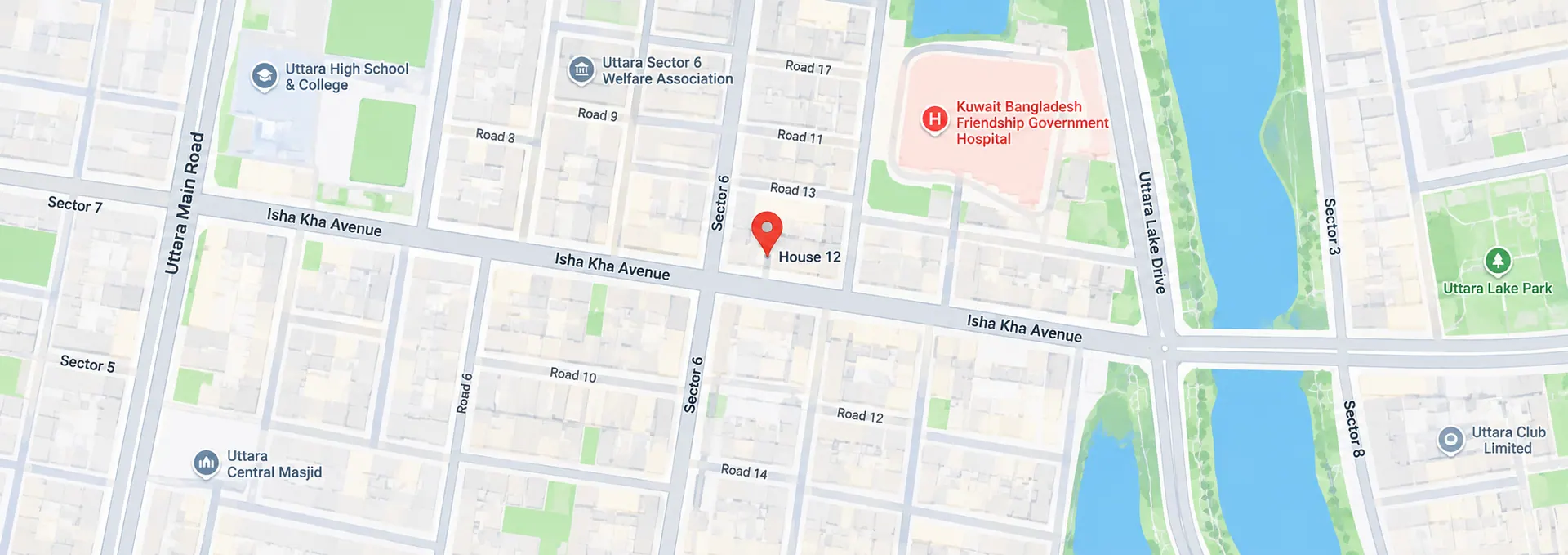Street map of Uttara, Dhaka, with a pin on House 12, Isha Kha Avenue, Sector 6
