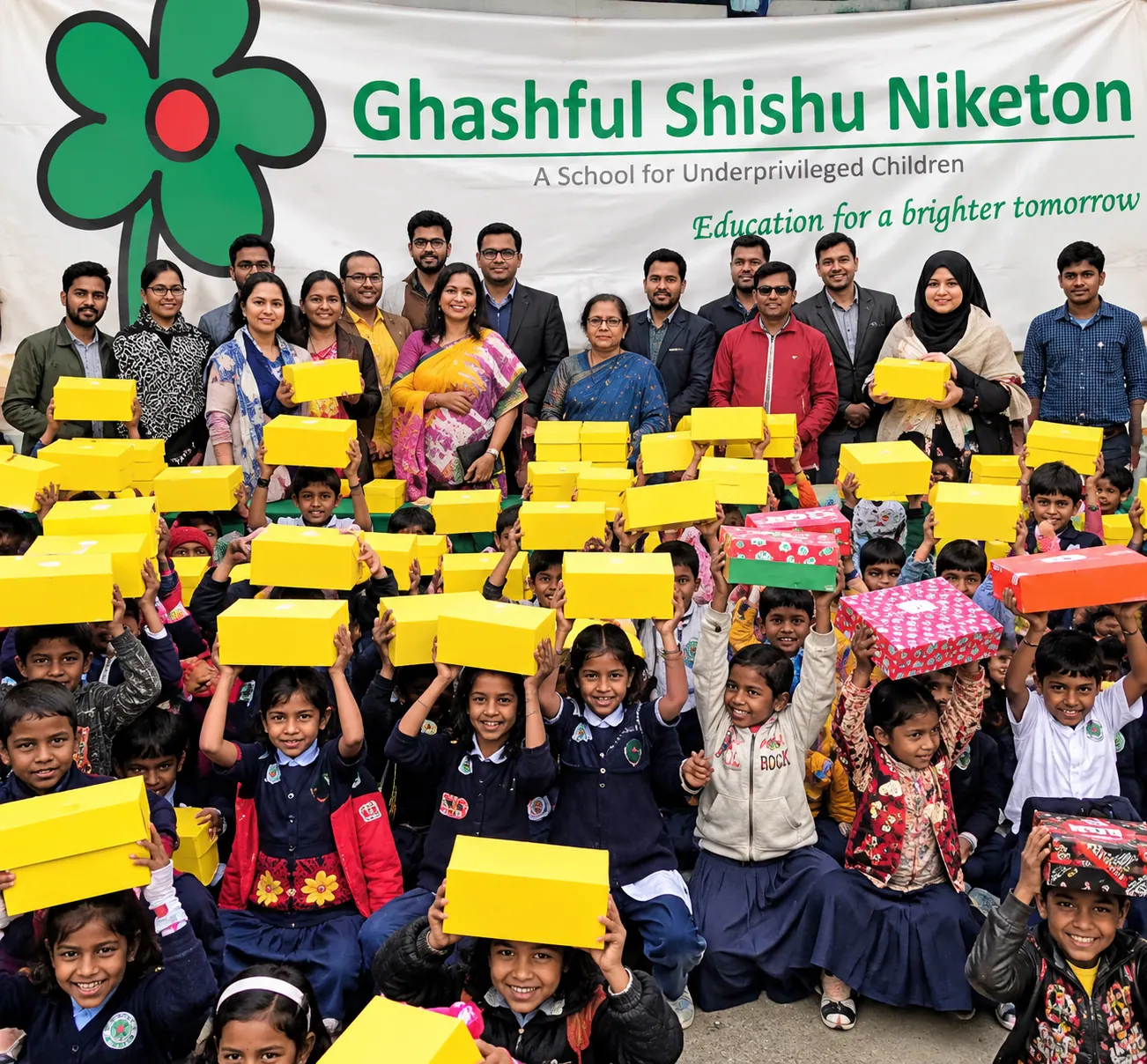 Students of Ghashful Shishu Niketon holding up yellow gift boxes, with teachers and sponsors standing behind them