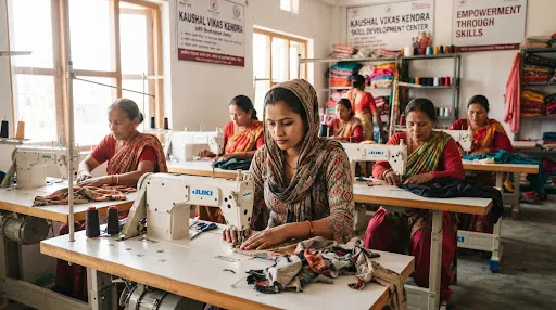 Women sewing garments at industrial sewing machines in a vocational training workshop